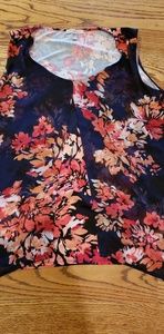 Navy blue mixed media shirt with orange/red flower